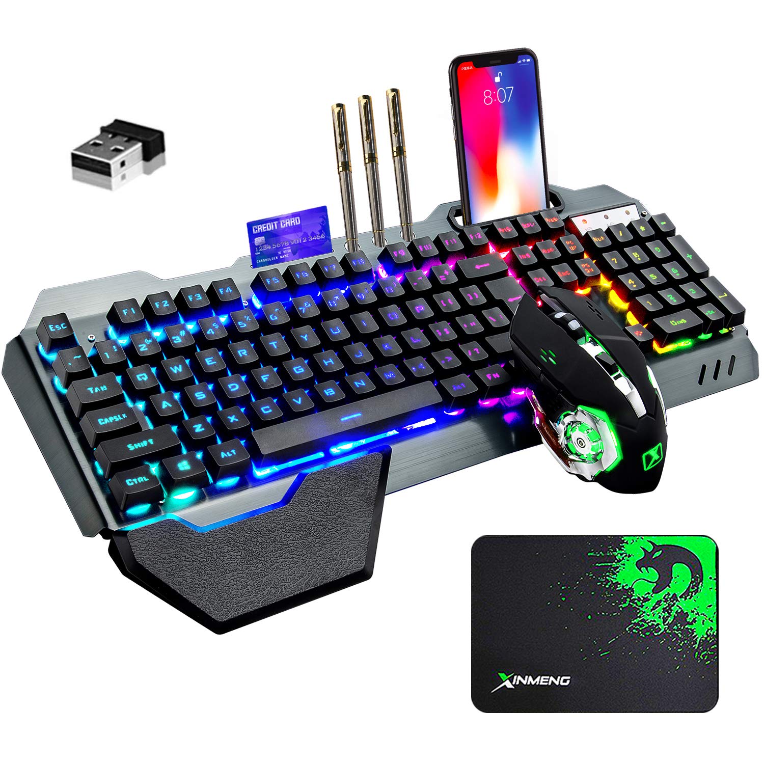 Photo 1 of ** MISSING USB ADAPTER ITEM DOES NOT FUNCTION*** *** SOLD AS PARTS*** Wireless Gaming Keyboard and Mouse with Rainbow LED 16RGB Backlit Rechargeable 4800mAh Battery Metal Panel Mechanical Ergonomic Feel Waterproof Dustproof 7 Color Mute Mice for Laptop PC