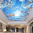 KOMNNI Custom 3D Ceiling Wall Mural, Blue Sky and White Cloud Pink Cherry Blossom Ceiling Mural Modern Creative Peel and Stick Wallpaper, Living Room Children's Room Bedroom Wallpaper