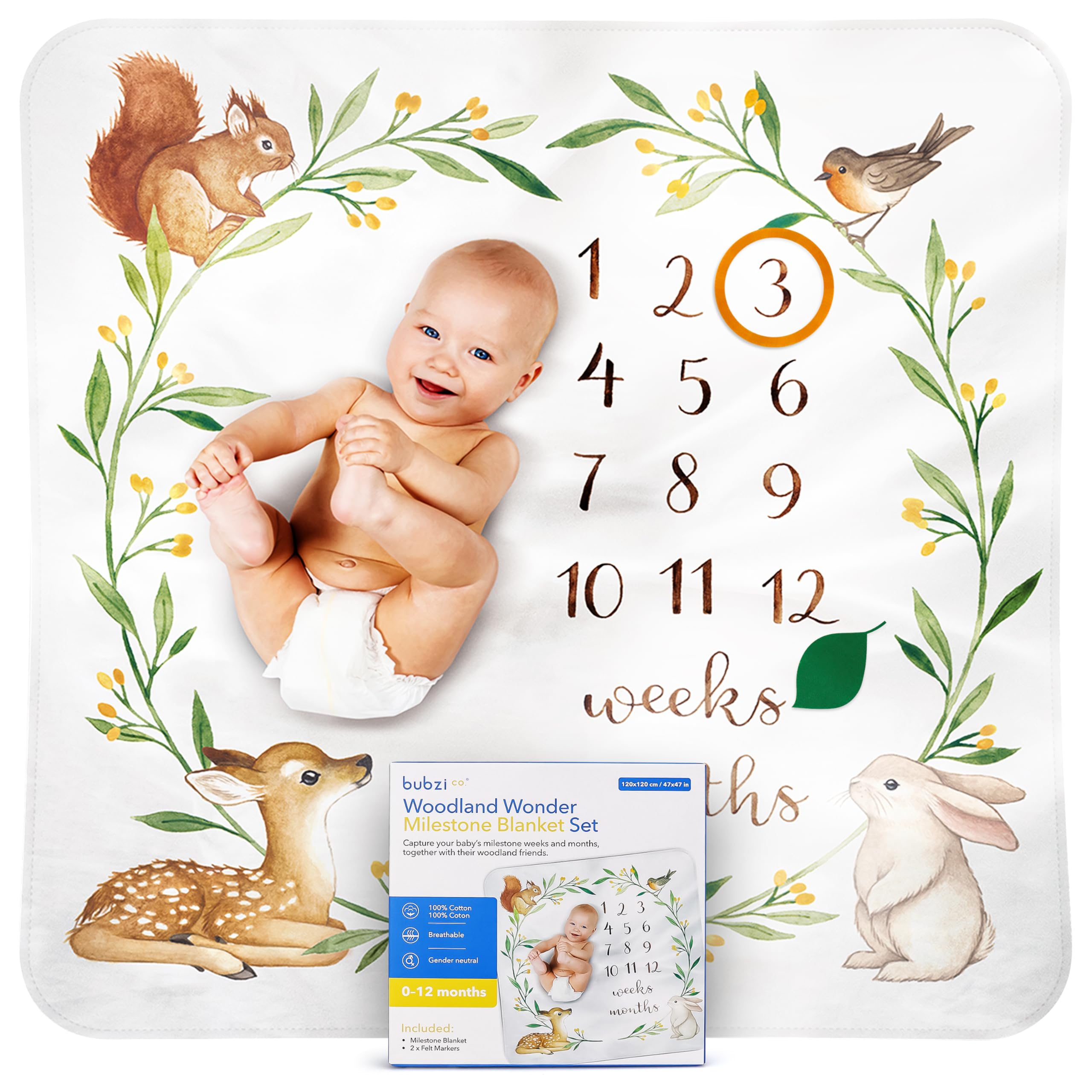 Bubzi Co Baby Monthly Milestone Blanket, Soft Woodland Photo Blanket for  Baby Boy Baby Girl, Nursery Bed Bla