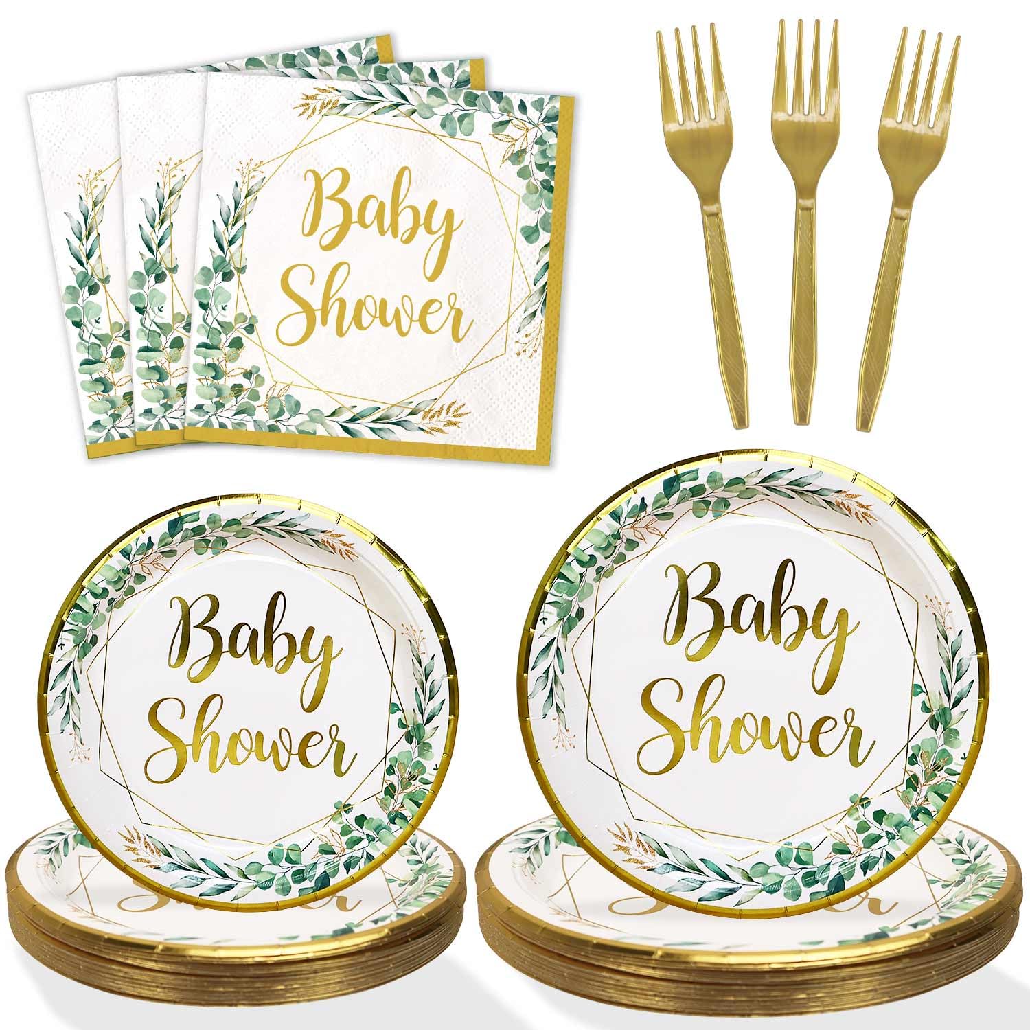 Heboland 100Pcs Sage Green Baby Shower Decorations Neutral for 25 Guests - Boy & Girl Baby Shower Plates Cups and Napkins Reusable Cutlery Set for Kids Party Table Decorations