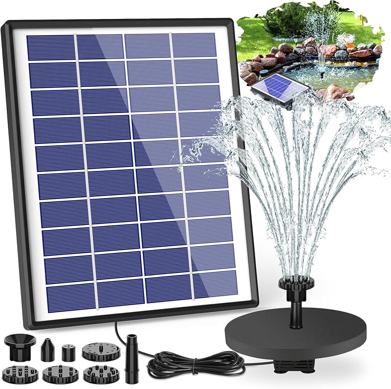 AISITIN 6.5W Solar Fountain with Battery Backup 10 Nozzles Pond Pump