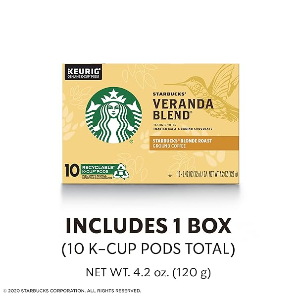 STARBUCKS K-CUP COFFEE PODS, STARBUCKS BLONDE ROAST HOT OR ICED COFFEE, VERANDA BLEND, 10 KEURIG PODS