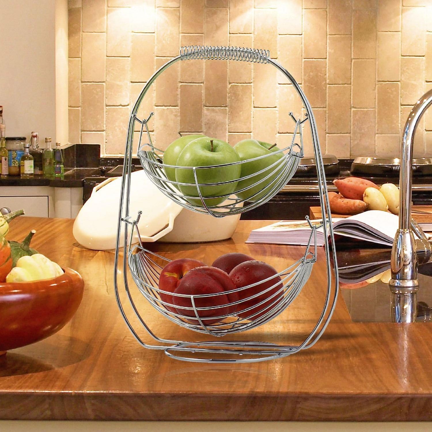 2 Tier Chrome Double Hammock Fruit/Vegetables/Produce Metal Basket Rack Display Stand Swinging Bowl