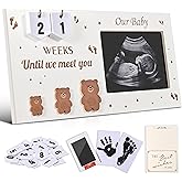 DACO MIN Pregnancy Countdown Sonogram Picture Frame with Number Cards & Newborn Handprint Kit – Bear-Themed Ultrasound Keepsake Gift for Expecting Parents & Grandparent Reveal (Brown)