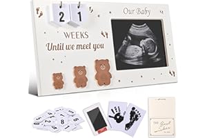 DACO MIN Pregnancy Countdown Sonogram Picture Frame with Number Cards & Newborn Handprint Kit – Bear-Themed Ultrasound Keepsake Gift for Expecting Parents & Grandparent Reveal (Brown)