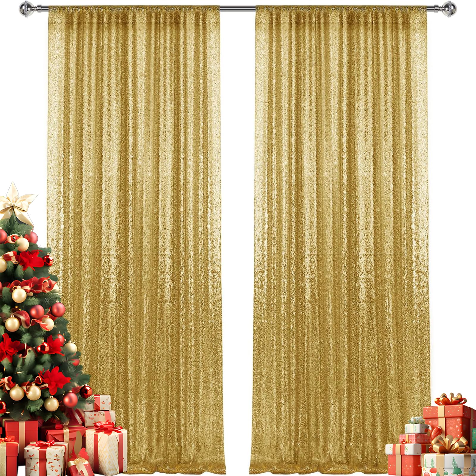 Photo 1 of 2×8FT-2PCS Gold Sequin Backdrop Curtains Panels, Photography Backdrop Glitter Curtains Fabric Background for Christmas Wedding Party Decor