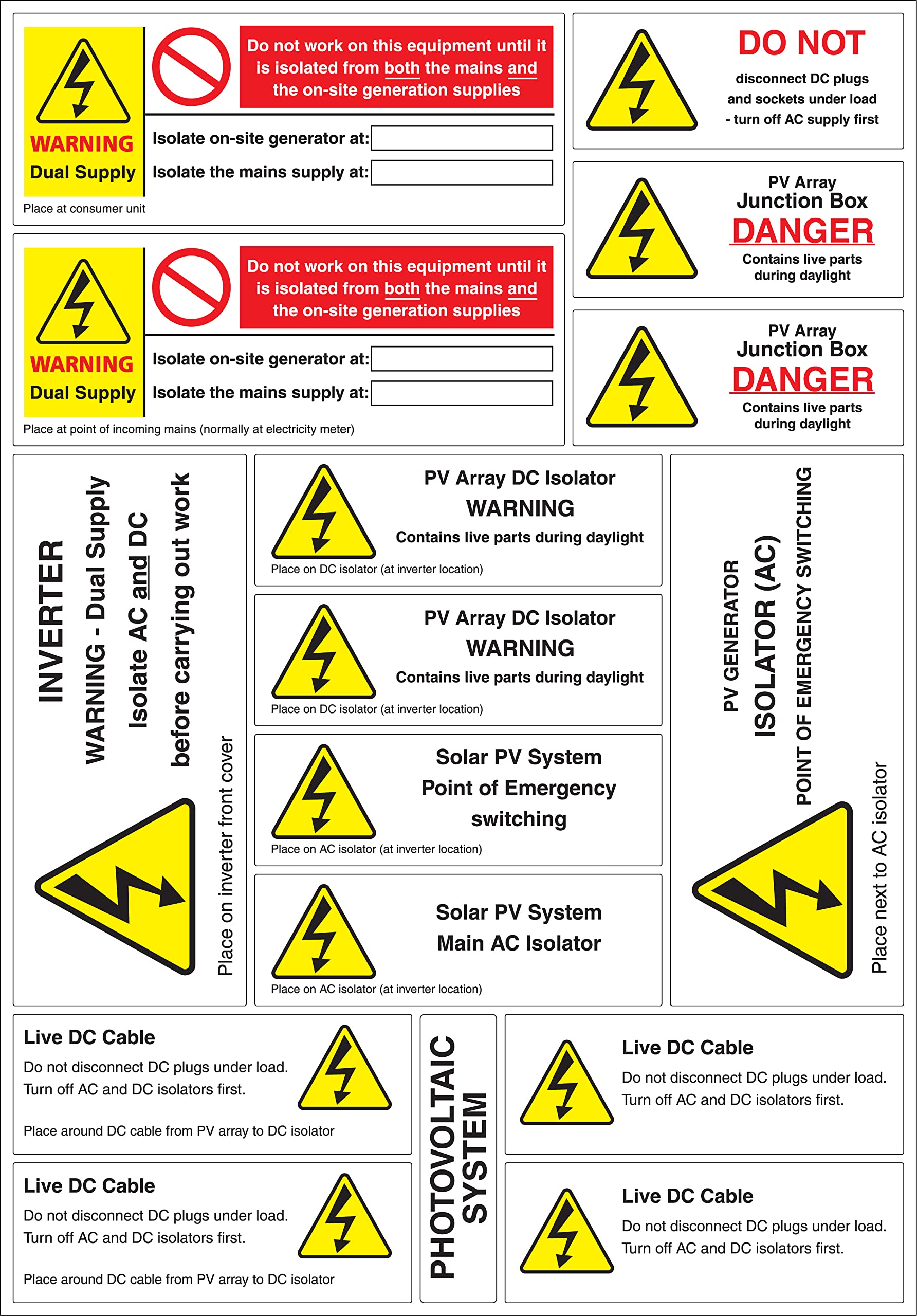 Solar PV System Installation Warning Label Set - A4 Sheet - Price per Pack of 160 Labels (11 Designs / 10 Sheets per Pack) (P/NO. 7828187)