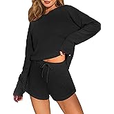 Ekouaer Waffle Knit Pajama Sets for Women Solid Lounge Sets Long Sleeve Top and Shorts Pjs S-XXL