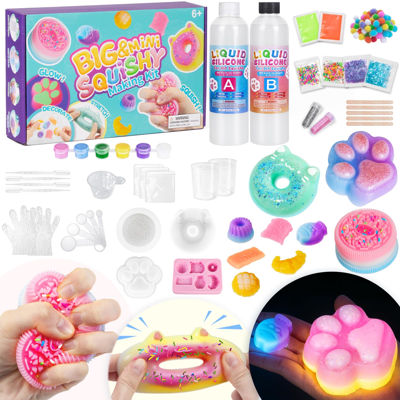 Liquid Silicone BIG Squishy Making Kit, 480ml All-in-one Beginner Kit for Squishy Maker,Glow in the Dark Squishy Toys with 9 Molds,Sensory Fidget Toys,Gift for Kids Ages 6-12