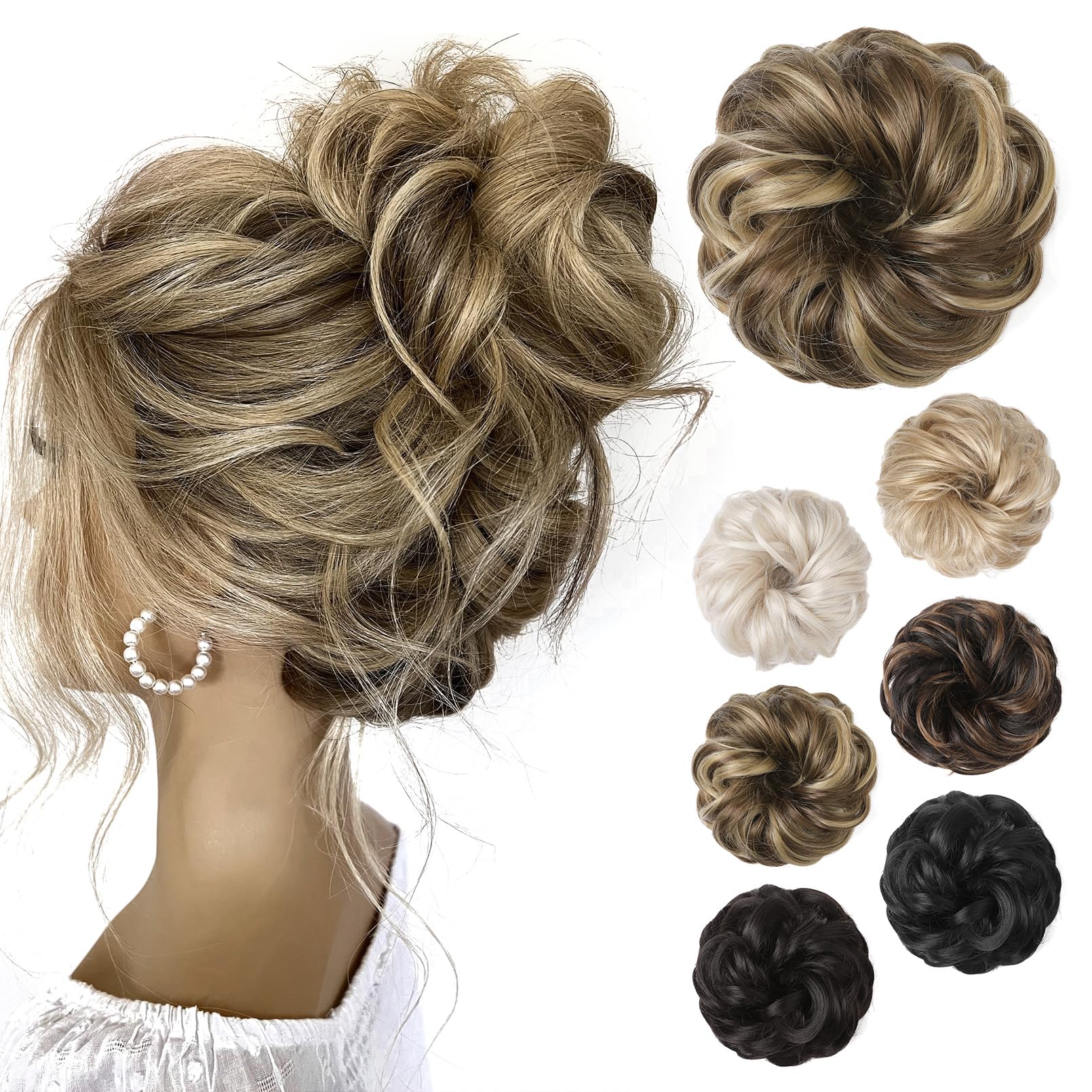 REECHO Thick Synthetic Ponytail Extensions - Messy Hair Bun Donut with Highlights — image 1