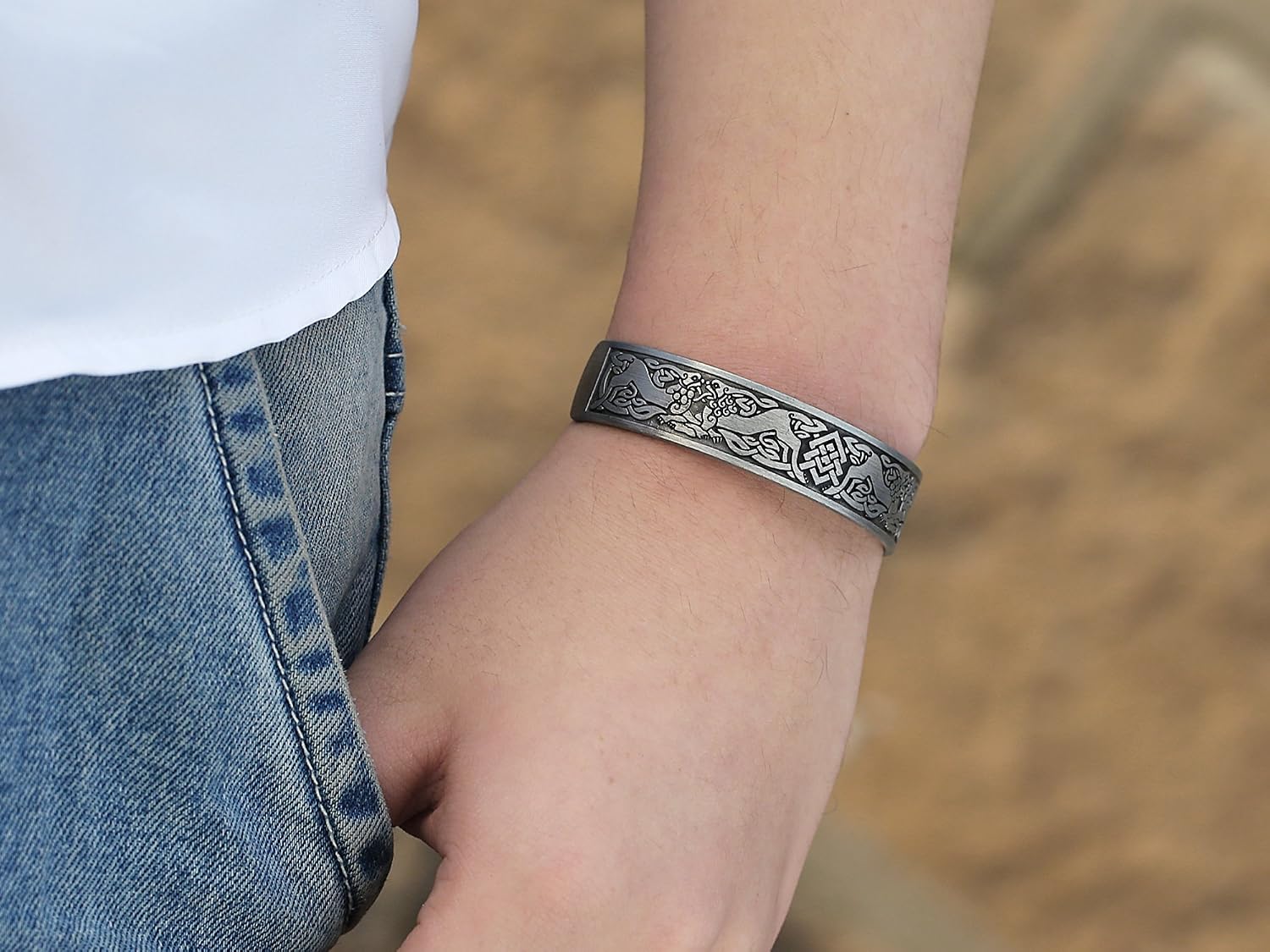 Dawapara Pagan Viking Wolf Fenrir Norse Mythology Celtic Knot Magnetic Health Cuff Bracelet Men Jewelry, alloy - Image 3