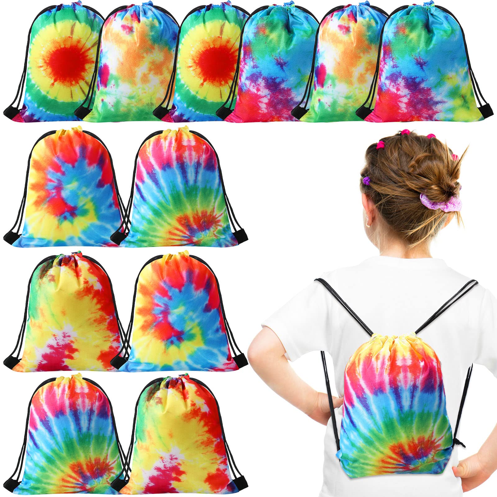 Shappy 12 Pcs Tie Dye Drawstring Bags Party Favor Backpack Goodie Bag Bulk Rainbow Bag Colorful Treat Gift Tote Bag (9.8 x 11.8 Inch)