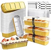 OBXMLFY Mini Cake Pans With Lids And Spoons 50 Pack,6.8 oz Rectangle Mini individual Loaf Pans Disposable Aluminum Foil Small Baking Cups Tins (50, gold)