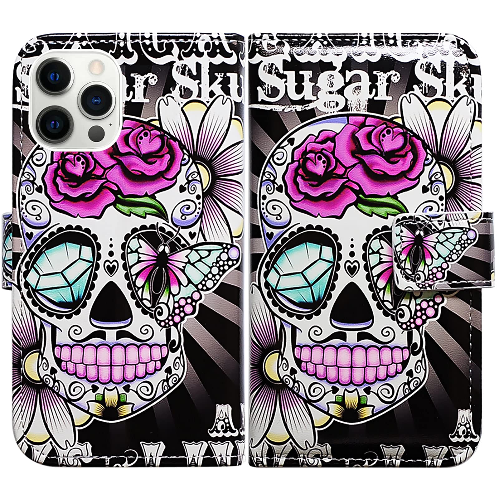 Bcov iPhone 13 Pro Max Case, Purple Flower Sugar Skull Leather Flip Phone Case Wallet Cover with Card Slot Holder Kickstand For iPhone 13 Pro Max