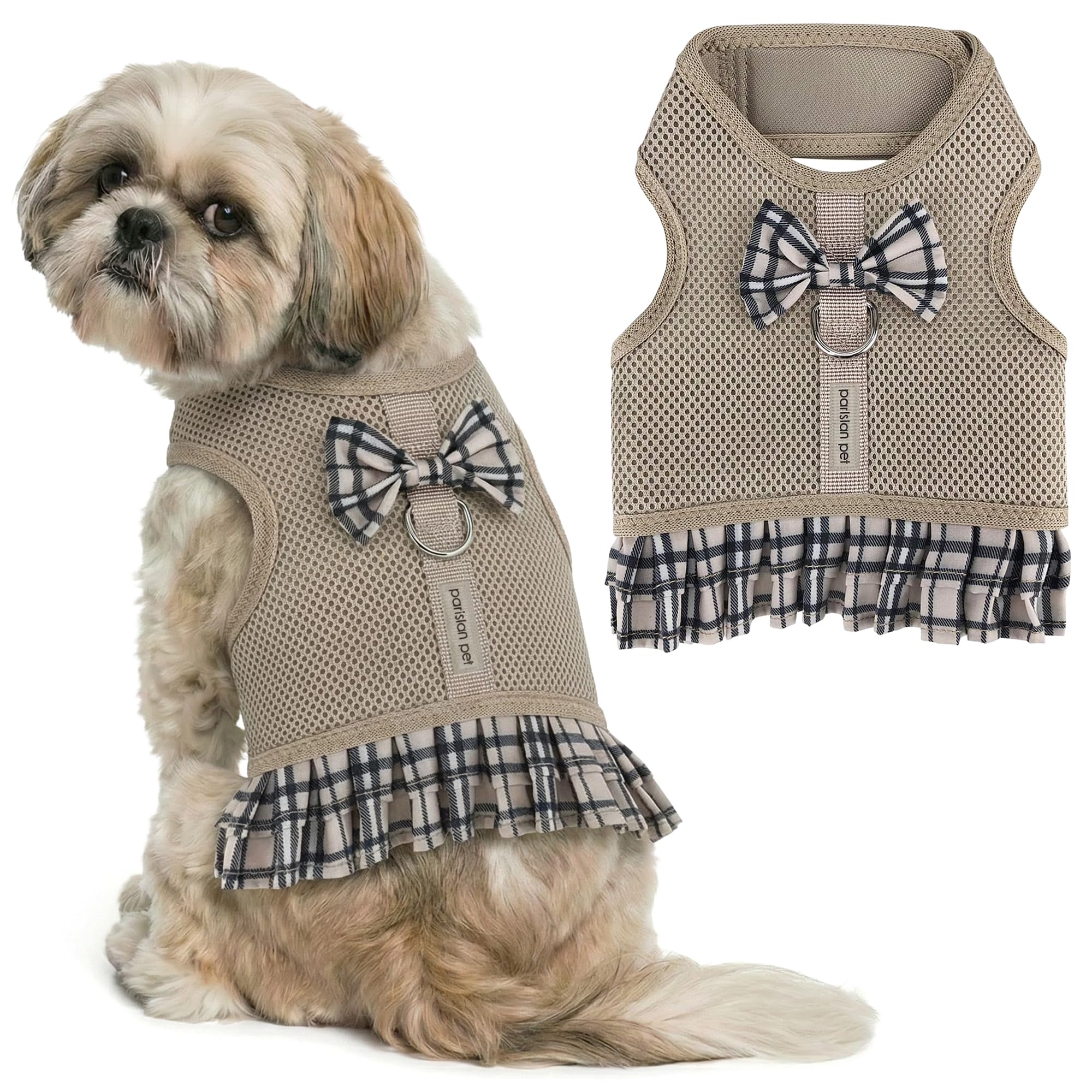 Parisian Pet Dog Cat Harness Step-in Vest, Plaid, Camo, Leopard, Polka Dot Dress (M, Plaid/Khaki Dress)
