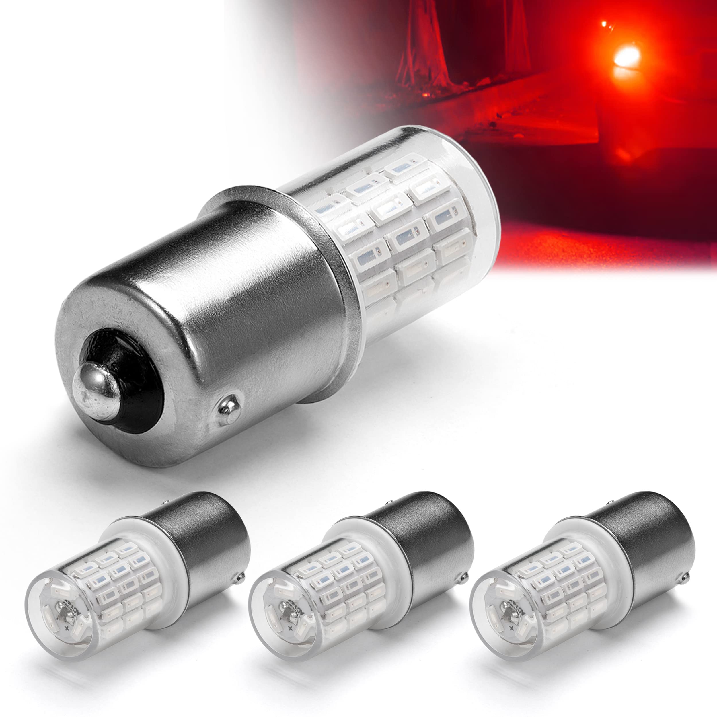 View 1 of 12V 1156 BA15S Red 1003 1141 7506 P21W LED Bulbs,DC Bayonet Single Contact Base,AC10-24V DC10-30 volt LED Replacement for Brake,Tail Lights,Blinker,Turn Signal,Parking or Running Lights,4Pack