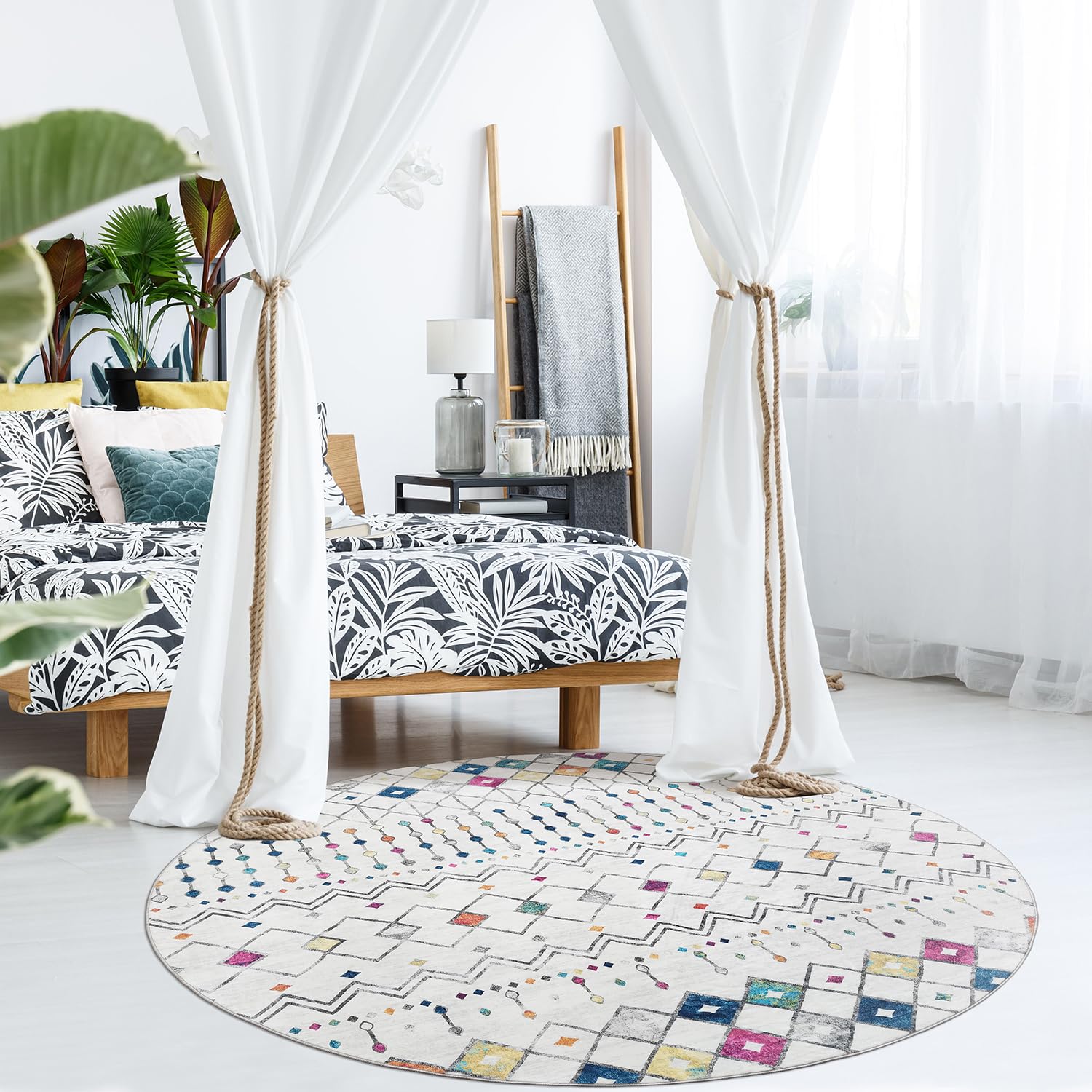 Photo 1 of Mandala - Indoor Area Rugs 6R Washable, Stain Resistant Machine Washable Rugs for Living Room, Bedroom, and Modern House Décor - Durable Polyester Material, Colorful Patterned - White & Multi