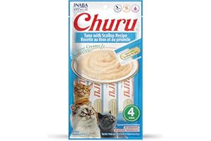 INABA Churu Cat Treats, Grain-Free, Lickable, Squeezable Creamy Purée Cat Treat/Topper with Vitamin E & Taurine, 0.5 Ounces Each Tube, 4 Tubes, Tuna with Scallop Recipe