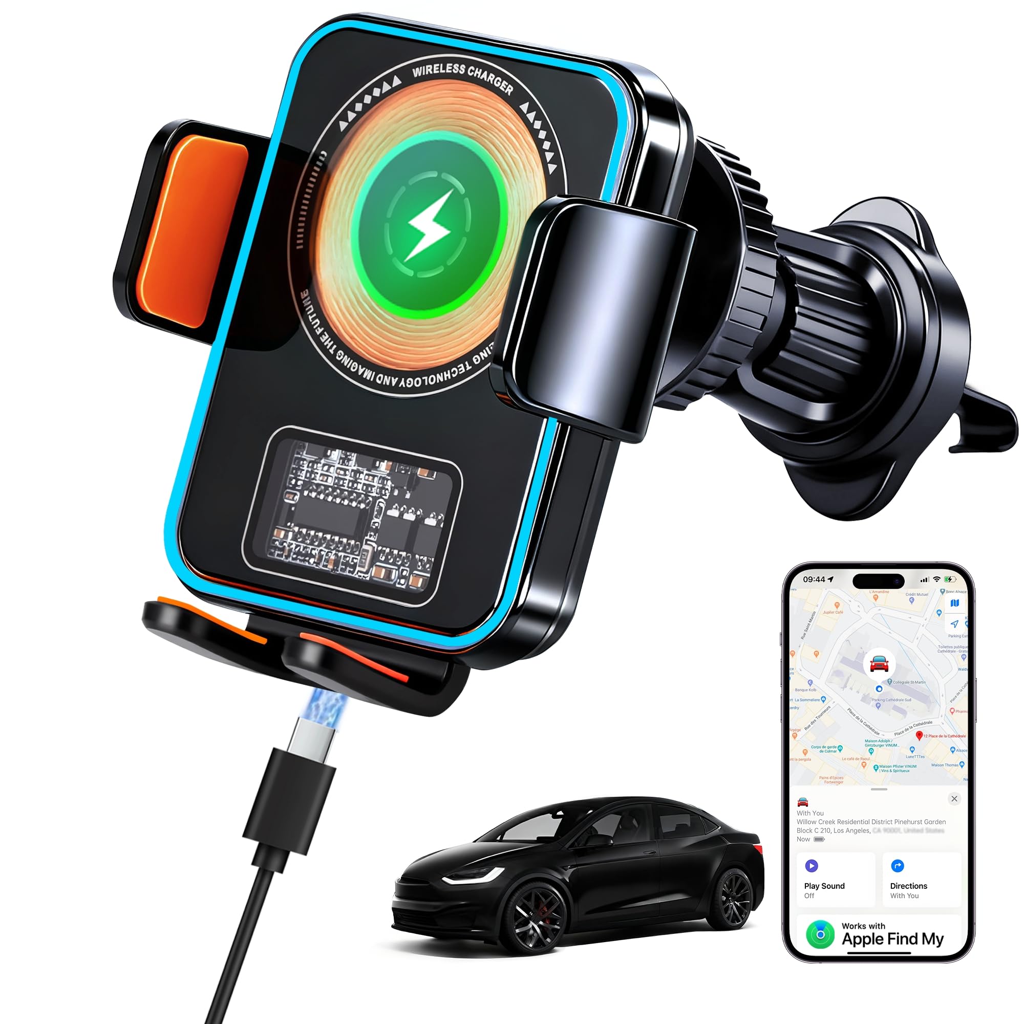 15W Fast Wireless Car Charger with Air Tracker Tag GPS Bulid in(iOS Only)-Air Vent Phone Mount, Works with Apple Find My, Hidden＆Undetectable-for Anti-Theft & Parking Location, for Family& Fleets