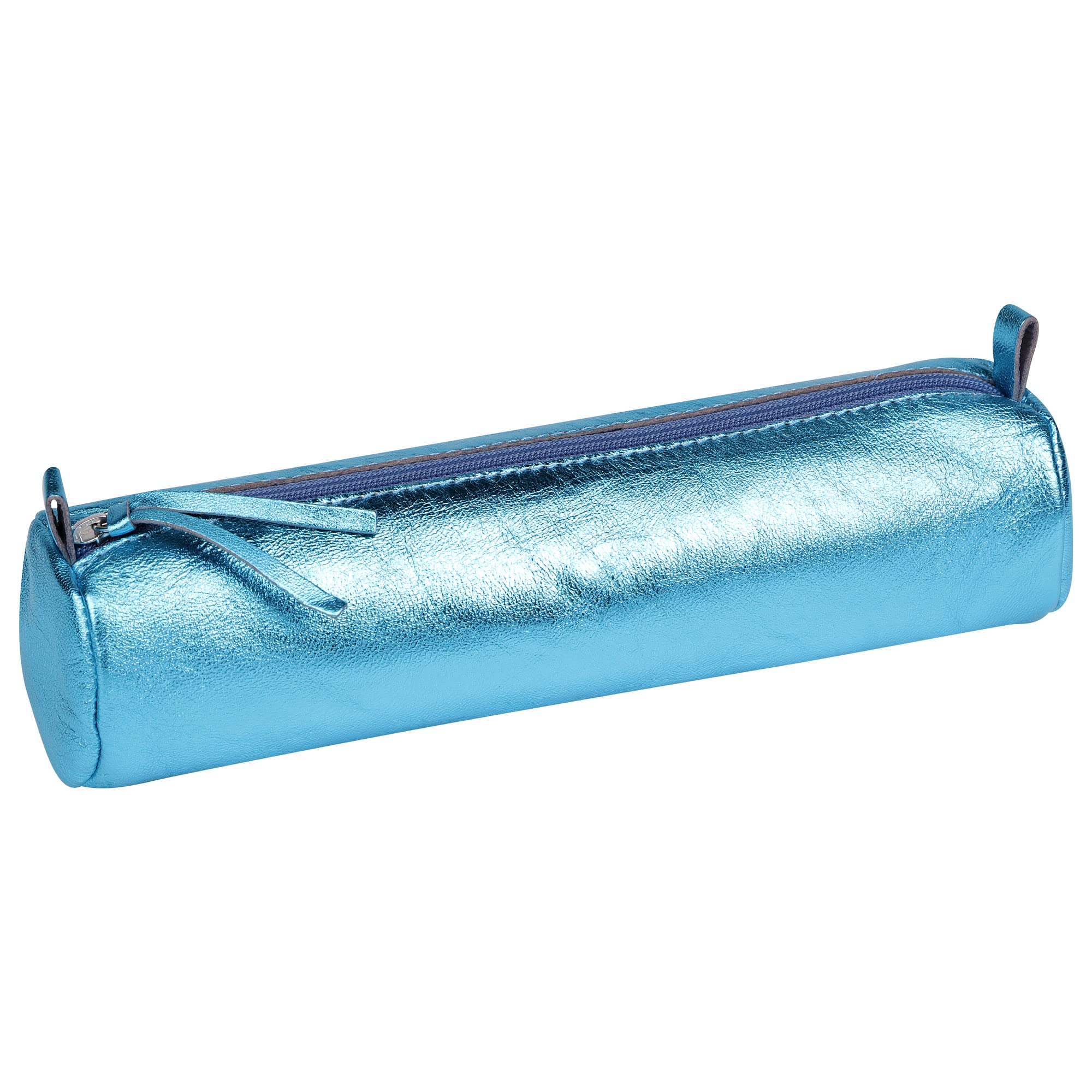 Clairefontaine - Ref 410122C - Miror' Leather Round Pencil Case - 22cm x 5.5cm, Made From Genuine Lambskin Leather, Metal Zip With Leather Puller - Turquoise