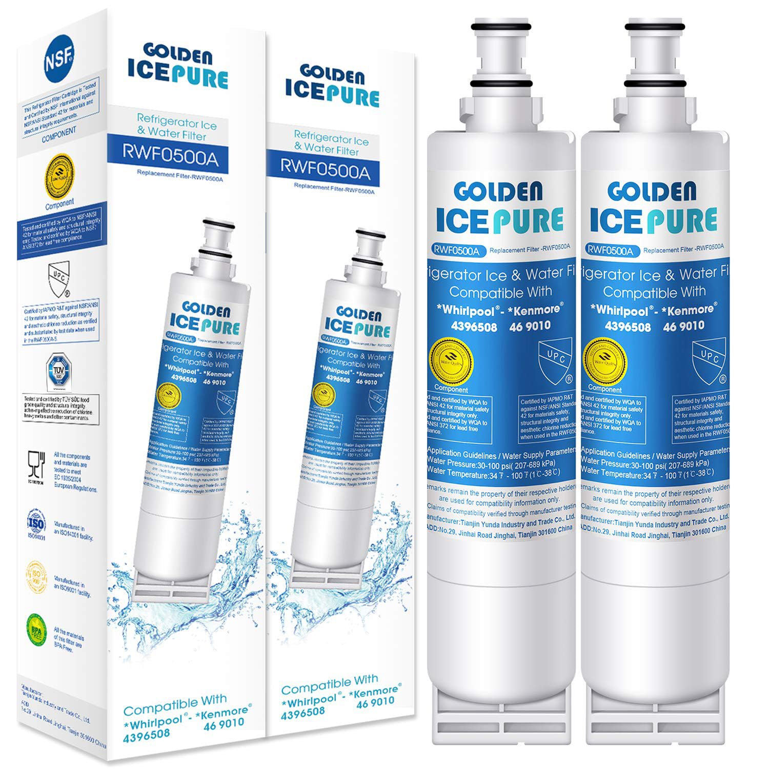 GOLDEN ICEPURE Refrigerator Water Filter Compatible with Whirlpool 4396508, Maytag, KitchenAid, SBS002, S20BRS, 481281729632, 461950271171, 481281728986, 2 Pieces