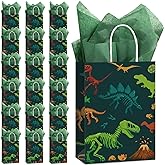 Capoda Dinosaur Favor Tote Bags with Tissue Paper Green Dino Treat Candy Goodies Gift Bags with Handle for Boy Girl Dinosaur Themed Birthday Baby Shower Party Decor(16 Pcs)