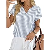 EVALESS Womens Dressy Casual Cap Short Sleeve Tops Trendy Summer V Neck Loose Striped Casual Basic T Shirts Tee Blouses