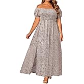 Plus Size Summer Dresses - Boho Casual Off Shoulder Floral Long Maxi Dress with Pockets
