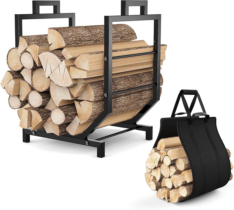 Mutool Firewood Rack with Canvas Carrier, Heavy Duty Log Holder, Black