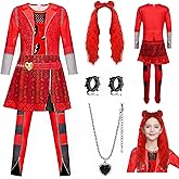GFTYBCST Princess Red Costume for Girls Rise Red Jumpsuits Kids Dress up Outfits Halloween Party Cosplay 5-12Y with Wig