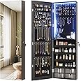 Vlsrka 47.2" LED Jewelry Mirror Cabinet, Wall/Door Mounted Hanging Jewelry Armoire Organizer with Full-Length Mirror, Large Storage Cabinet, 4 Drawers, 5 Shelves, Built-in Lighted Mirror (Black)