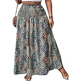 WDIRARA Women's Plus Size Paisley Print Boho Maxi Skirts High Waist Smocked Ruffle Hem A Line Skirt