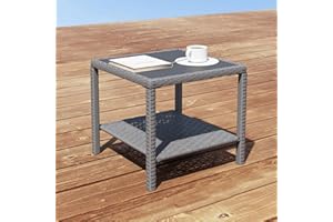 C-Hopetree Small Outdoor Coffee Side End Table for Outside Patio Storage, Gray All Weather Wicker with Glass Top, Square