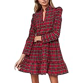 Women's Plaid Print Tunic Dress Long Sleeve V Neck Loose Shirt Dress Ruffle Hem Casual Swing Babydoll Christmas Dress
