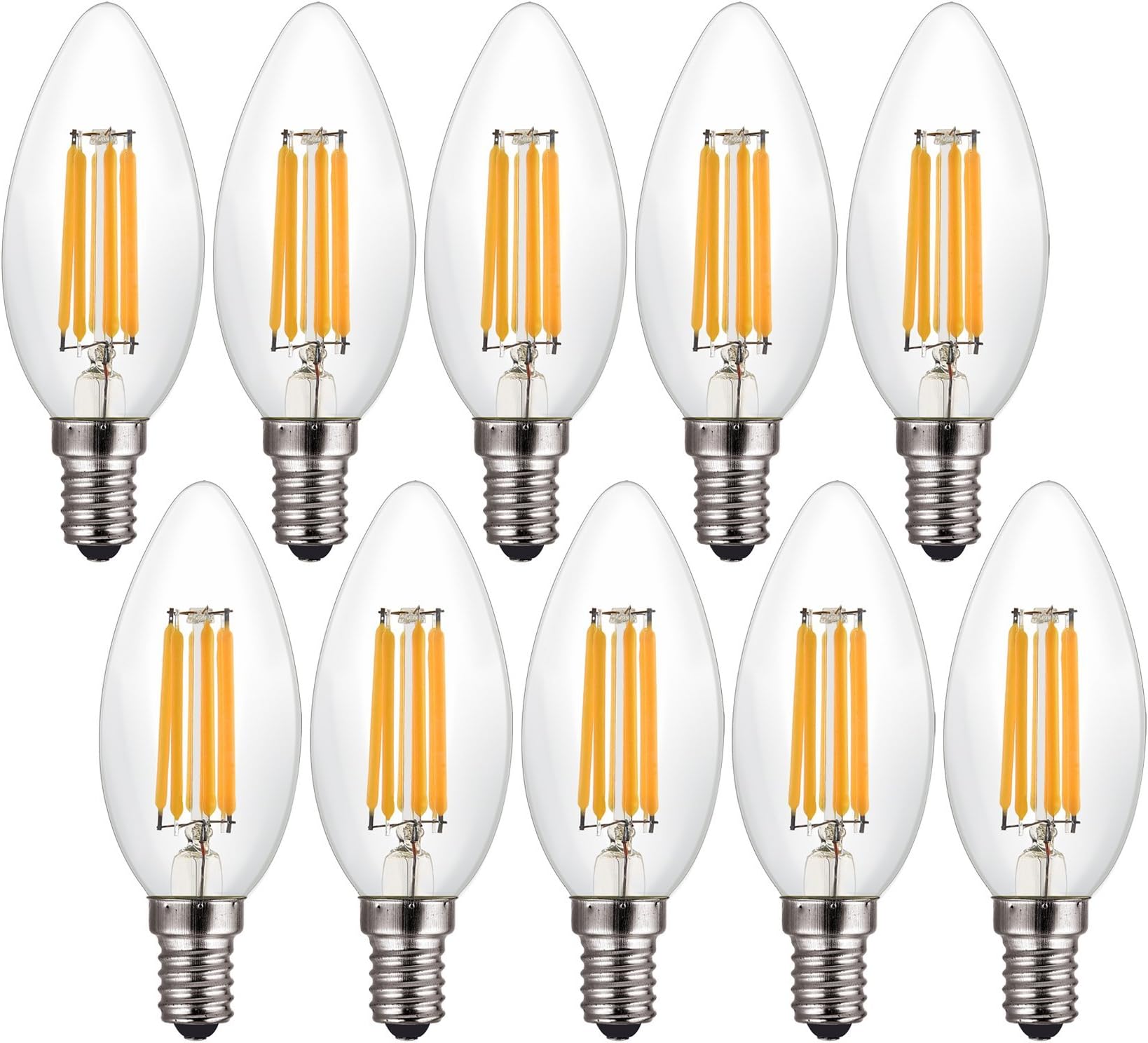 CanYa C35 Clear Daylight White Edison Candelabra LED Filament Bulbs 60W Equivalent,2700K Chandelier LED Bulb E12 Base Bent Tip led Filament Bulb dimmable with 90% Types of Dimmers 10-Pack