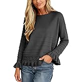 Vimida Womens Crochet Sweater Crewneck Long Sleeve Pullover Knit Top Ruffled Hem Casual Office Fall Winter Wear