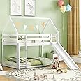 MERITLINE House Bunk Bed with Slide, Twin Bunk Beds for Kids,Wood Bunk Beds with Slide and Roof, Slide Bunk Bed with Ladder for Girls, Boys,White