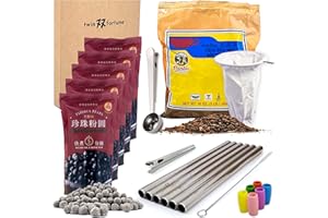 Tapioca Pearls Thai Tea Boba Kit - Pantai Tea Leaves, WuFuYuan Boba Pearls, Twin Fortune Stainless Steel Tools - Boba Straws Rubber Tips Cleaning Brush Bag Clips Tea Scooper Filter, Make 30+ Drinks