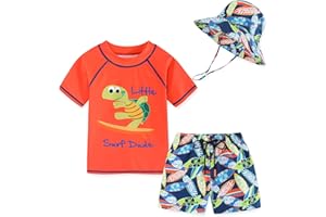 CHILDLIKE ME Toddlers Baby Boys' 3-Piece Swimsuit Trunk Rashguard Set and Sun Hat Swimwear Bathing Suit UPF 50+
