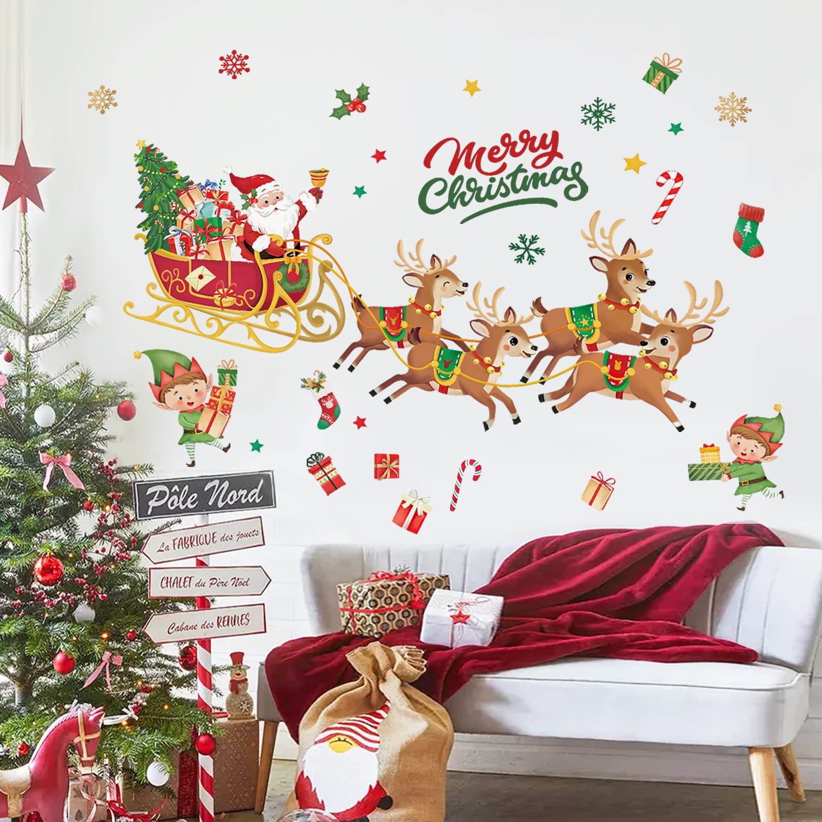 decalmile Christmas Window Wall Decals Santa Claus Reindeer Elf Wall Stickers Room Door Christmas Party Window Showcase Wall Decorations
