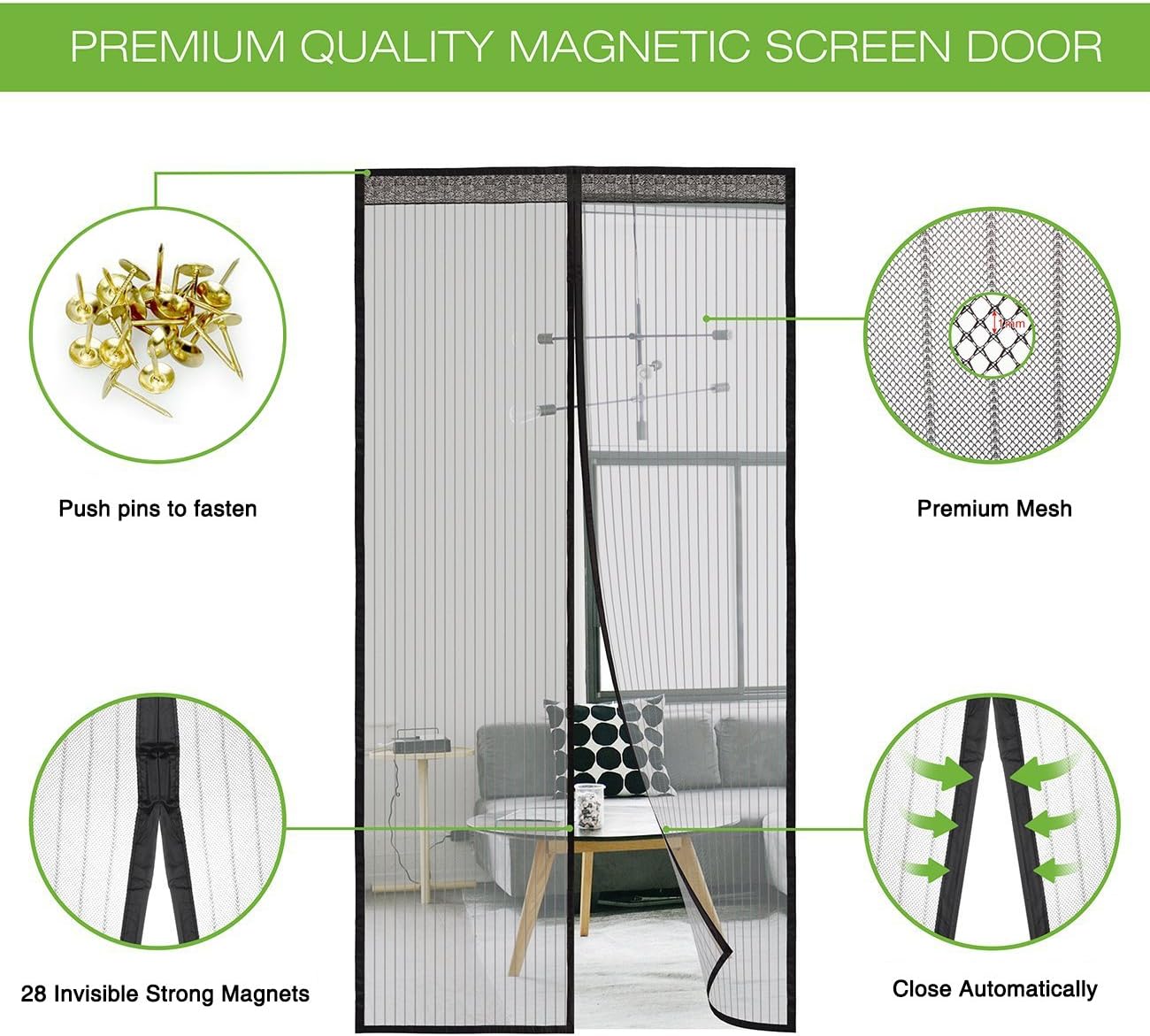 Magnetic Screen Door with Heavy Duty Mesh Door Curtain and Fasten Pushpins FITS Door Size up to 39 x 83 Inch, Fresh Air in - Image 4