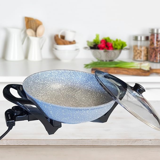 FRX Tischwok elektrischer Wok Wokpfanne Asia Wokpfanne elektrowok elektrisches Wok-Set Antihaftbeschichtung + Glasdeckel (Mar