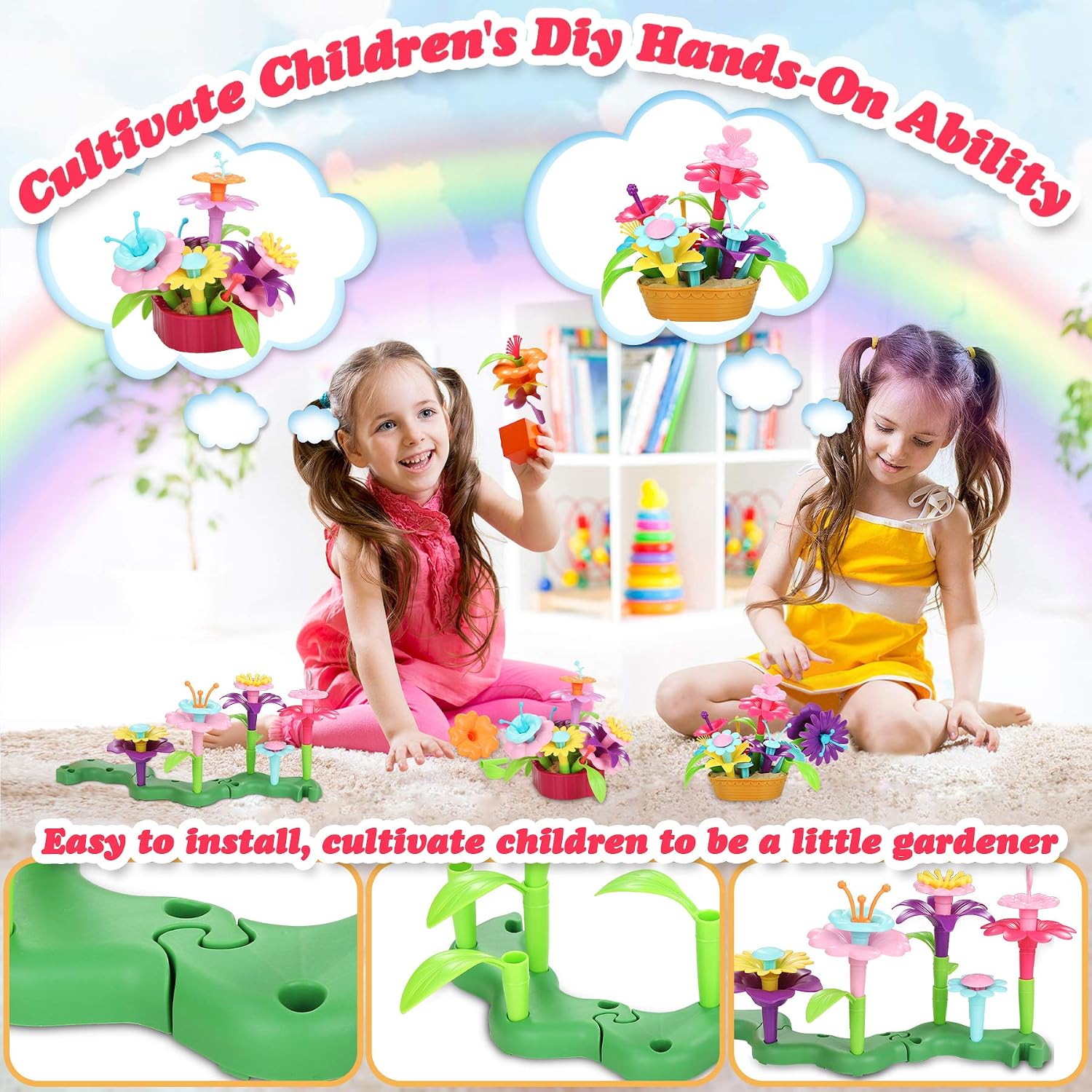 Fivejoy Flower Garden Building Toys for 3 Year Old Girls Boys, Easter Gifts for Kids 134pcs Flower Building Toy - Image 5