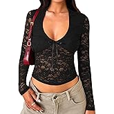 Matunana Womens Long Sleeve Going Out Tops Lace V Neck Mesh Crop Shirts Sexy Cute Y2K Fall Trendy Outfits 2026