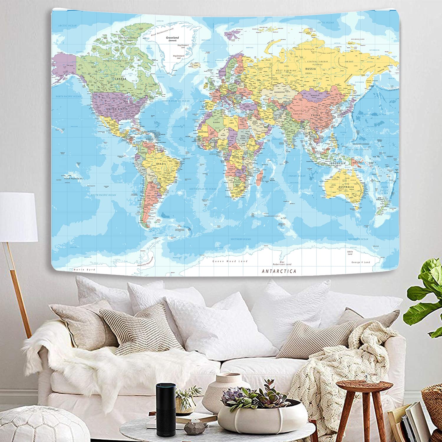 Photo 1 of TOMOZ World Map Tapestry Wall Hanging for Kids Student, World Map with Countries and Major Cities Tapestries Educational Tapestry for Bedroom Living Room Dorm Home Decoration 40 x 28Inch