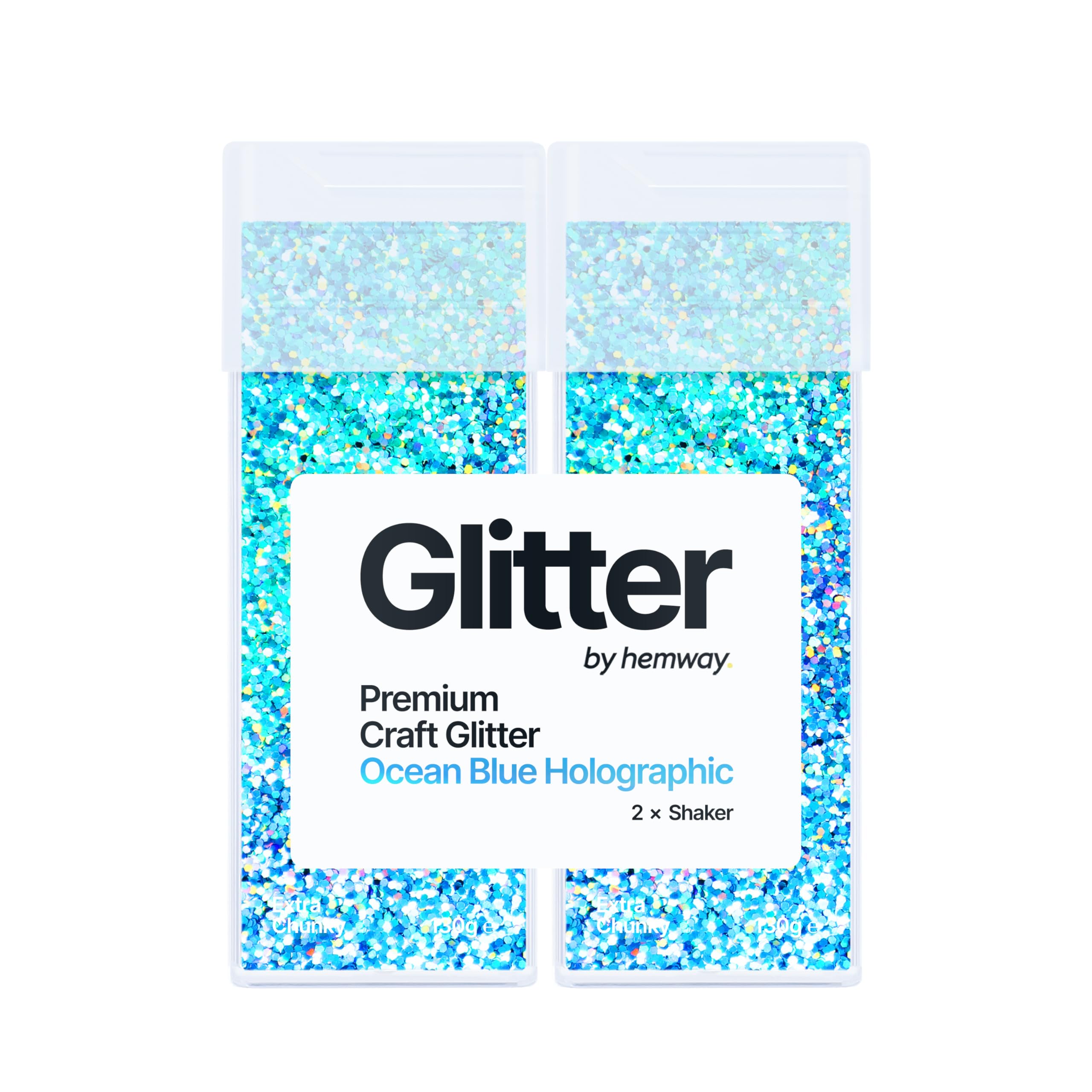 Hemway Glitter Shaker Ocean Blue Holographic 130g x2 Pack Extra Chunky, Craft Glitter Shakers for Resin & Epoxy Crafts, Christmas Art Supplies, Nail, Body, Face, Festival, Crafting, Slime, Sparkle