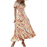 PRETTYGARDEN Women's Boho Floral Maxi Dress Summer Short Sleeve Wrap V Neck Long Flowy Beach Vacation Wedding Guest Dresses