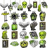 Maitys 40 Pcs Green Horror Christmas Ornaments for Tree Spooky Creepy Christmas Tree Decorations Vintage Gothic Tarot Card Skeleton Snake Cat Wooden Sign for Home Craft Party Gift