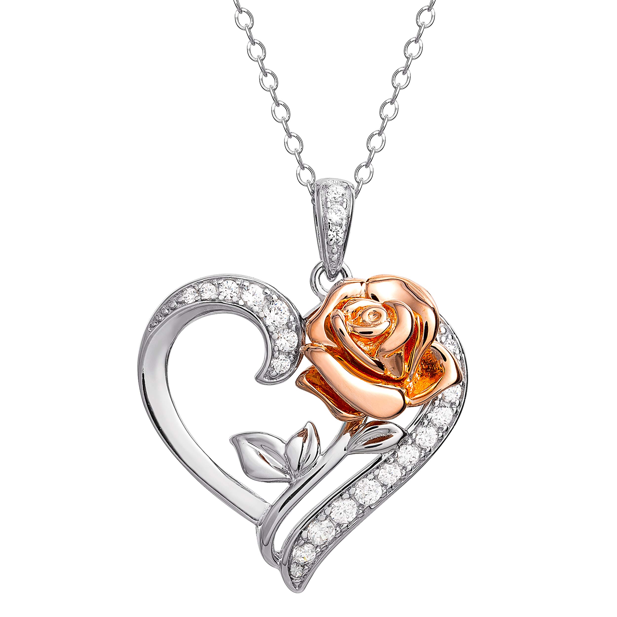 Disney Beauty and the Beast Pink Gold Over Sterling Silver Two Tone Enchanted Rose Cubic Zirconia Heart Necklace, 18"