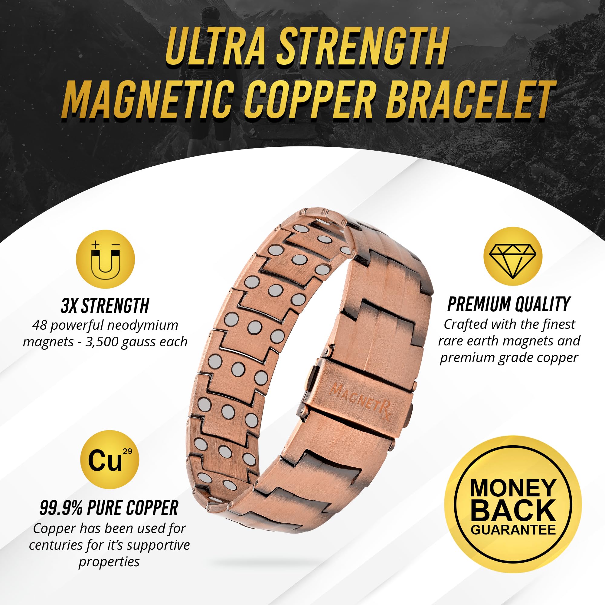 MagnetRX® 3X Strength Copper Bracelet – 99.9% Pure Copper Bracelets for Men with Magnets – Premium Fold-Over Clasp and Adjustable Bracelet Length with Included Sizing Tool (Legacy)